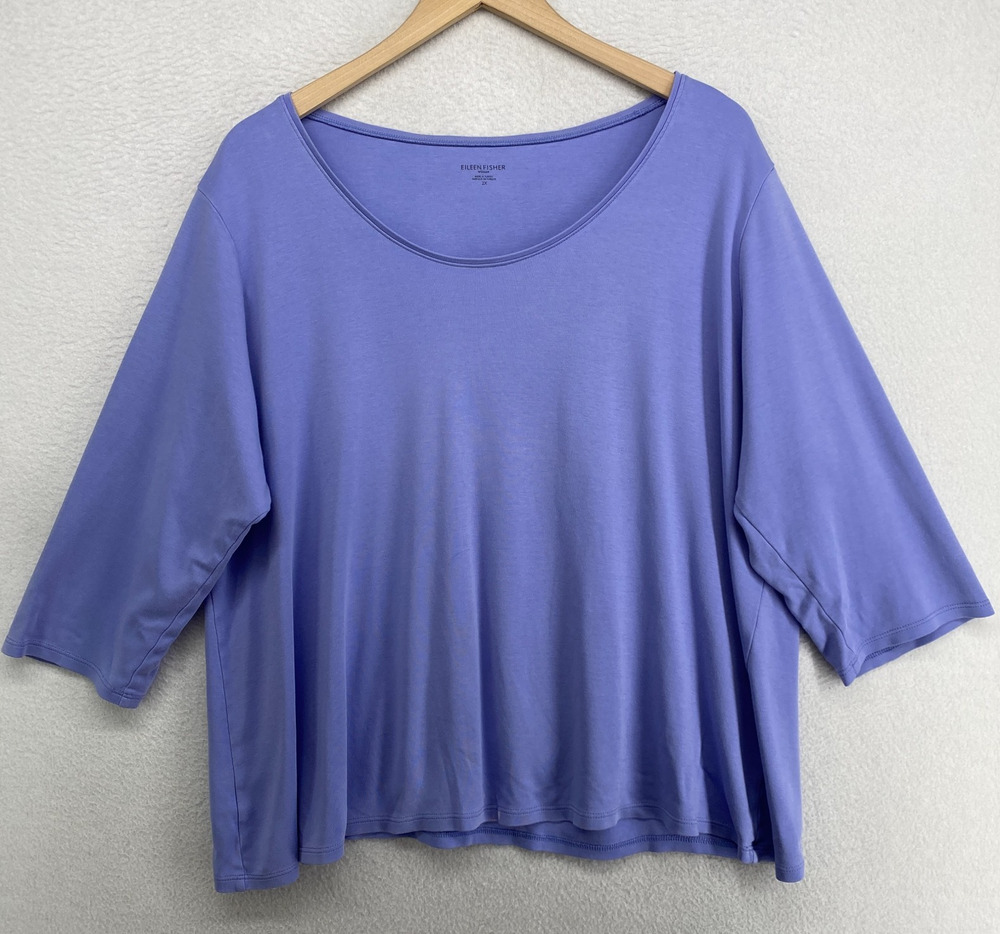 EILEEN FISHER Top 2X Organic Cotton Interlock Jersey Scoop Neck 3/4 Sleeve Blue